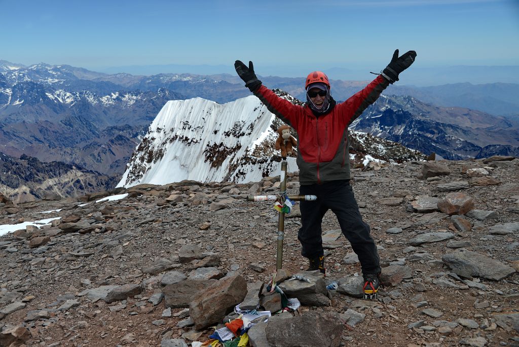 45 Dangles And Jerome Ryan With The Aconcagua Summit 6962m Cross And Aconcagua South Summit Behind